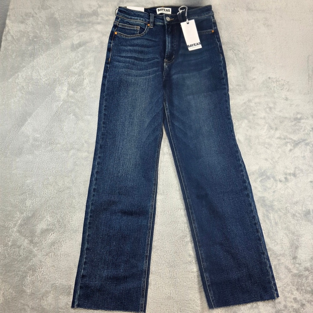 Bayeas Women 28 Dark Wash Blue Jeans High Rise Ankle Straight Leg Raw Hem